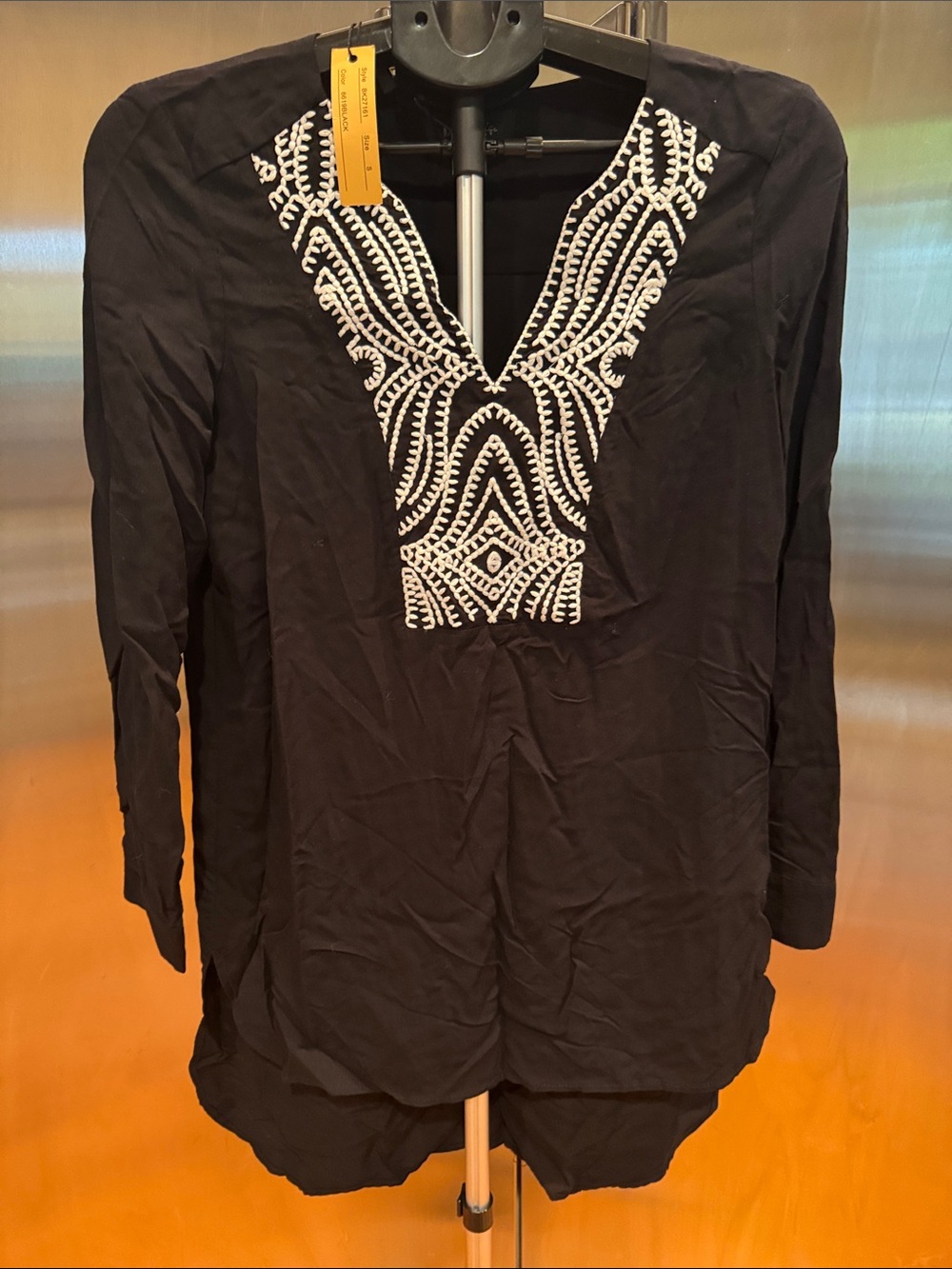 Black Tunic Top with White Embroidered V-Neck - Black
